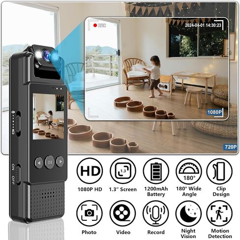 Small Body Camera with Audio and Video Recording 1080P Bodycam Handheld Video Recorder with 1.3" Screen, 180° Rotating Lens, 6h Battery, 4 Fill Lights, Motion Detection for Personal Civilians Travel in Saudi Arabia
