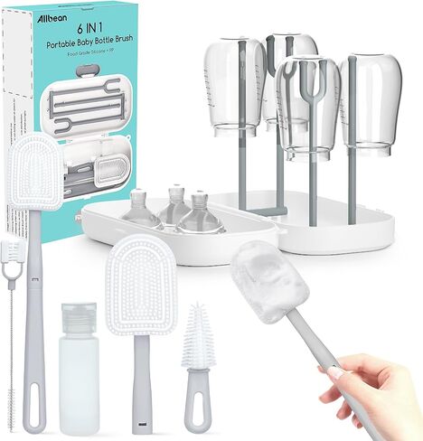 Bottle Brush Kit, Baby Travel Essential Baby Cleaner Set with Silicone Bottle Brush, Nipple Cleaner Brush, Straw Brush, 50ml Soap Dispenser, Storage Box, Bottle Drying Rack Easy Cleaning in Saudi Arabia