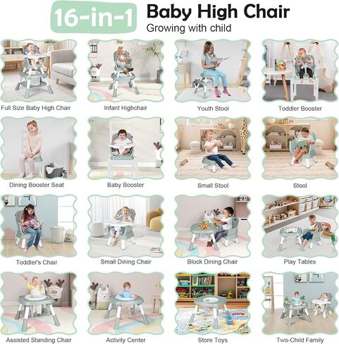 Cowiewie Baby Highchair 16-in-1 Convertible High Chairs for Babies & Toddlers Table, Chair Set Building Block Table Highchair with Safety Harness, Removable Tray (Grey) in Saudi Arabia