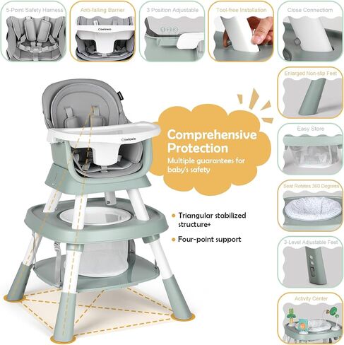 Cowiewie Baby Highchair 16-in-1 Convertible High Chairs for Babies & Toddlers Table, Chair Set Building Block Table Highchair with Safety Harness, Removable Tray (Grey) in Saudi Arabia