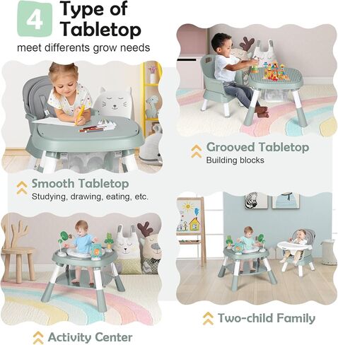 Cowiewie Baby Highchair 16-in-1 Convertible High Chairs for Babies & Toddlers Table, Chair Set Building Block Table Highchair with Safety Harness, Removable Tray (Grey) in Saudi Arabia