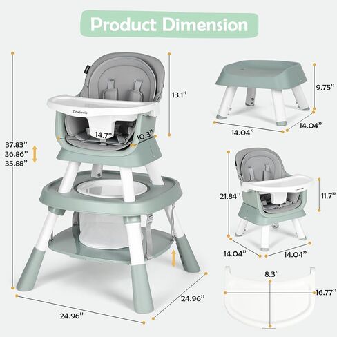Cowiewie Baby Highchair 16-in-1 Convertible High Chairs for Babies & Toddlers Table, Chair Set Building Block Table Highchair with Safety Harness, Removable Tray (Grey) in Saudi Arabia
