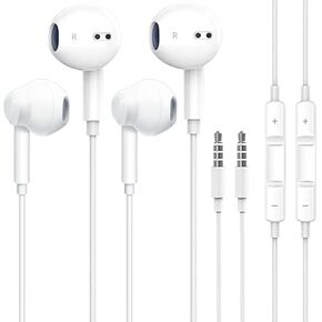 [2 Pack] Earphones with Microphone Volume Control, Deep Bass 3.5mm Wired Earbuds Headphones Headsets Compatible with iPhone/Samsung/Android Phone/Tablet/Laptops/Computers(White)