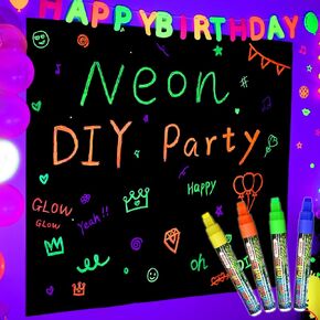 Mega-L Glow In The Dark Party Supplies, Neon DIY party decorations with 4 fluorescent colored pens, Let’s Glow Photography Background Birthday Sleepover Graffiti Black Light Kid Photo Booth (7x5 feet)