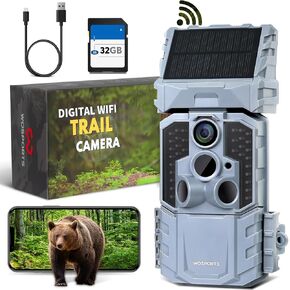 WOSPORTS WiFi Trail Camera with 7800mAh Rechargeable Solar Panel,Cell Phone App,Real 33MP 1296P Bluetooth 2.0''LCD Game Camera,0.1s Trigger Trail Cam with Night Vision,IP66 120°Cam Lens for Monitoring