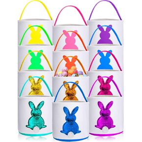 Jexine 12 Pcs Easter Bunny Basket Bags Bulk for Kids Gift Bucket Easter Eggs Hunt Basket with Handle Bunny Tote Bag Bucket Carry Rabbit Fluffy Tails Bag for Easter Party(Bright Color,Matte)
