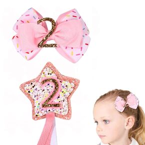 Birthday Hair Bow and Badge Set, Ice Cream Bow Clips for Infant Girls Confetti Kids Birthday Bow for Hair Pink Hair Bow for Toddler Girls Birthday Accessories (4th Birthday Hair Bow)