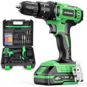 Power Drill Cordless, 20V Cordless Drill, Electric Power Drill Set with 1 Battery & Charger, 3/8" Keyless Chuck, 2 Variable Speed, 18+3 Torque and 72pcs Drill/Driver Bits, Green