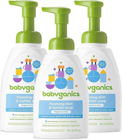 Babyganics Foaming Dish & Bottle Soap for Travel, Fragrance Free, Plant-Derived Cleaning Power, Removes Dried Milk, Packaging May Vary, 3.38 Fl Oz (Pack of 3) in Kuwait