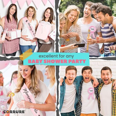 CORRURE Baby Shower Sash and Button Pin for Boy - 'Mommy to Be' Sash and 'Daddy to Be' Pin with Beautiful Blue Ribbon and Black Glitter Text - Ideal Mom and Dad Gift for Gender Reveal/Baby Shower in Saudi Arabia