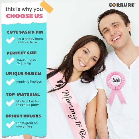CORRURE Baby Shower Sash and Button Pin for Boy - 'Mommy to Be' Sash and 'Daddy to Be' Pin with Beautiful Blue Ribbon and Black Glitter Text - Ideal Mom and Dad Gift for Gender Reveal/Baby Shower in Saudi Arabia