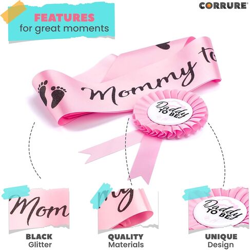 CORRURE Baby Shower Sash and Button Pin for Boy - 'Mommy to Be' Sash and 'Daddy to Be' Pin with Beautiful Blue Ribbon and Black Glitter Text - Ideal Mom and Dad Gift for Gender Reveal/Baby Shower in Saudi Arabia