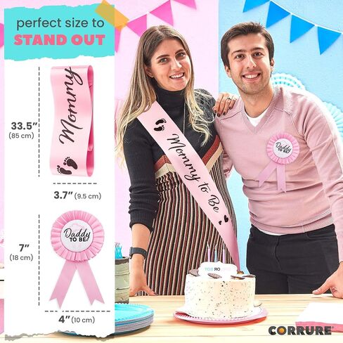 CORRURE Baby Shower Sash and Button Pin for Boy - 'Mommy to Be' Sash and 'Daddy to Be' Pin with Beautiful Blue Ribbon and Black Glitter Text - Ideal Mom and Dad Gift for Gender Reveal/Baby Shower in Saudi Arabia