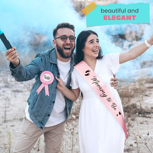 CORRURE Baby Shower Sash and Button Pin for Boy - 'Mommy to Be' Sash and 'Daddy to Be' Pin with Beautiful Blue Ribbon and Black Glitter Text - Ideal Mom and Dad Gift for Gender Reveal/Baby Shower in Saudi Arabia