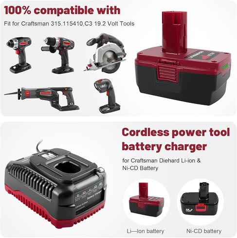 2 Pack 11098 19.2V 6Ah Replacement 140152004 Lithium & NiCd Battery Charger Combo Compatible with Craftsman 315.CH2030, 315.CH2021, 315.PP2011, 1425301, 130279005, 1323903, 11375, 11376 in Saudi Arabia