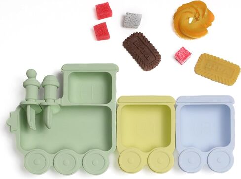 Baby Suction Plate Silicone, 5 Piece Baby Feeding Set - Non Slip Unique Trains Toddler Plates with Fork Spoon, Kids Baby Weaning Plate for No More Meal Time Mess (Green) in Saudi Arabia