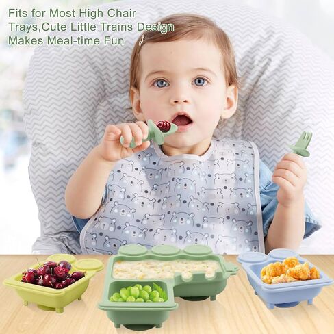 Baby Suction Plate Silicone, 5 Piece Baby Feeding Set - Non Slip Unique Trains Toddler Plates with Fork Spoon, Kids Baby Weaning Plate for No More Meal Time Mess (Green) in Saudi Arabia