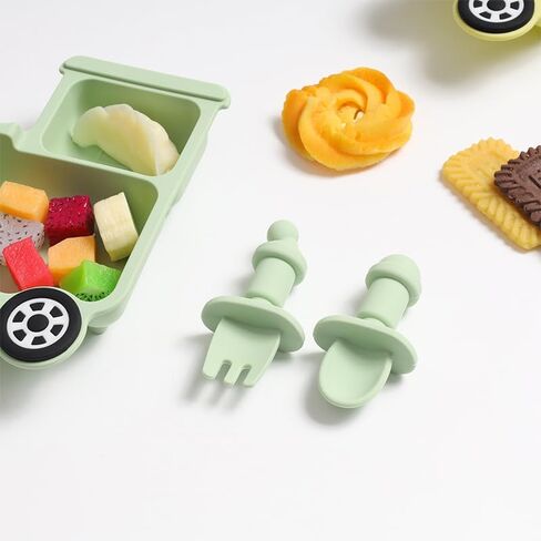 Baby Suction Plate Silicone, 5 Piece Baby Feeding Set - Non Slip Unique Trains Toddler Plates with Fork Spoon, Kids Baby Weaning Plate for No More Meal Time Mess (Green) in Saudi Arabia