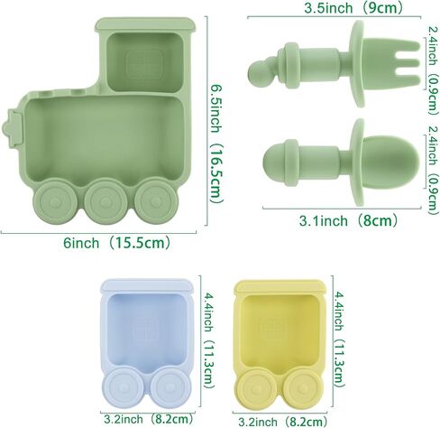 Baby Suction Plate Silicone, 5 Piece Baby Feeding Set - Non Slip Unique Trains Toddler Plates with Fork Spoon, Kids Baby Weaning Plate for No More Meal Time Mess (Green) in Saudi Arabia