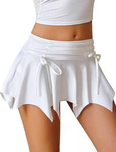 Avidlove Women Mini Skirt Flowy Stretchy Asymmetrical Hem Y2k Lingerie Skirts with Drawstring Ruched Bow Beach Short Skirt in Kuwait