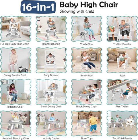 Cowiewie Baby Highchair 16-in-1 Convertible High Chairs for Babies & Toddlers Table, Chair Set Building Block Table Highchair with Safety Harness, Removable Tray (Green) in Saudi Arabia