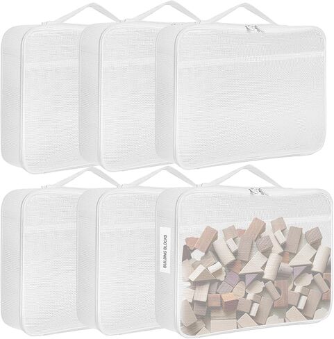 popoly Large Toy Storage Bags with Labels 6 Pack, Lego Storage Organizer with Zipper, Reusable PVC Lego Organization System for Building Blocks, Puzzle, Board game, Kids Books (White) in Saudi Arabia
