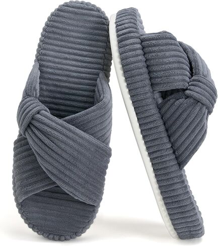 Women's House Slippers Corduroy Indoor Slippers Memory Foam Bedroom Open Toe Slippers Cross Band House Shoes in Kuwait