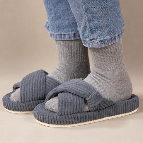 Women's House Slippers Corduroy Indoor Slippers Memory Foam Bedroom Open Toe Slippers Cross Band House Shoes in Kuwait