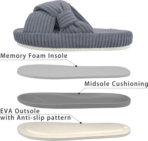Women's House Slippers Corduroy Indoor Slippers Memory Foam Bedroom Open Toe Slippers Cross Band House Shoes in Kuwait