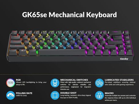 GK65 SE 65% | Mechanical Gaming Keyboard | 68 Keys Multi Color RGB LED Backlit for PC/Mac Gamer | ANSI US American Layout (White, Mechanical Blue) in Saudi Arabia