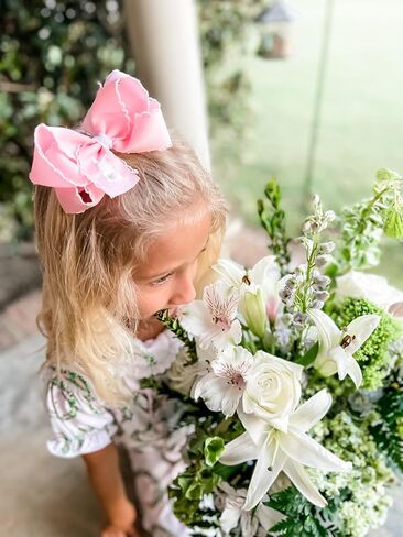 Wee Ones Girls' Easter Embellished Grosgrain Bow with Moonstitch Edge on a WeeStay clip, Handmade, Medium, Tulip Embroidery in Saudi Arabia
