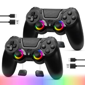 TJPD 2 Pack for PS4 Controller, Wireless Controller for PS4/Pro/Slim/PC, with 2 Rear Button and 2 USB-C Cable (Black)