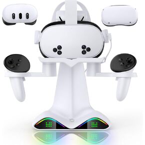 Charging Dock for Meta Quest 3S/Quest 3/Quest 2, Charging Vertical Stand, VR Headset Charging Stand Dock with 4 Rechargeable Batteries, 7 Light Effects & LED Status Display, USB-C Fast Charging