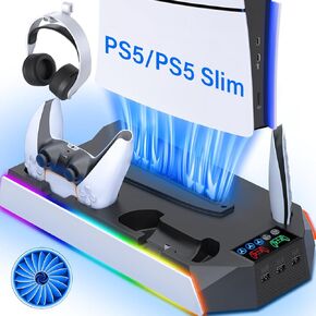 PS5 / PS5 Slim Cooling Station with Controller Charging Station - LED Light Cooling Stand for Playstation 5 Slim Disc/Digital Console, Accessories Incl RGB Light/Cooler Fan/3 USB Hubs/Headset Holder