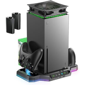 for Xbox Series X Cooling Stand with Dual Controller Charger & RGB Lighting - Vertical Cooling Fan Station with Direct-Connect Charging Docks and Game Disc Storage.
