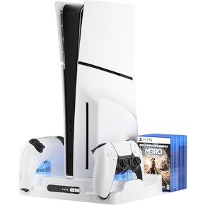 PS5 Pro Stand, PS5 Cooling Station with Dual PS5 Controller Charging Station, PS5 Stand Compatible with PS5/PS5 Slim/PS5 Pro Series Consoles, PS5 Slim Stand Equipped with 8 Game Disc Storage Slots