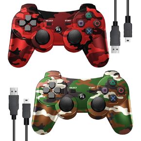 BUERTT PS3 Controller Wireless 2 Pack,Upgraded Remote Controller for PS3,6-Axis Motion,Double Vibration,USB Charging Cable (Camo Red and Camo Green)