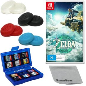 The Legend of Zelda: Tears of the Kingdom - Nintendo Switch (US Version), with PremGear Thumb Grips (8 pack - Black, Blue, Red & Clear), 24 Slot Game Card Holder & Cleaning Cloth