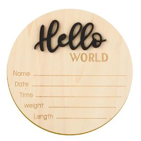 Baby Newborn Arrival Sign, 6 Inch Wooden Birth Announcement Placard - Hello World Round Name Sign Plaque for Newborn Photography, Baby Announcement Sign for Baby Shower, Hospital, and Nursery