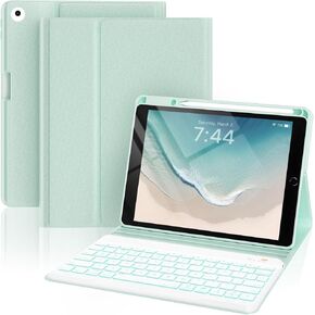 Keyboard Case for iPad 6th Generation 9.7 Inch 2018, 7-Color Backlit Detachable Wireless with Pencil Holder, Stand Folio Cover for Air 2/5th Generation 2013/2017, Green
