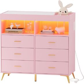 Dresser for Bedroom with LED Lights and Power Outlet, Baby Changing Table Dresser with 6 Drawers, 2 Open Storage Shelves, Baby Dresser with Changing Table Top, Black