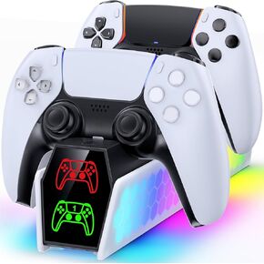 PS5 Controller Charger Station Compatible with DualSense & Edge Controllers, PS5 Charging Station with RGB Light & LED Indicator, Dual Remote Charger Stand for PS 5 with USB-C Cable