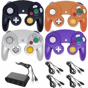 4 وحدات تحكم Gamecube سلكية مع 4 Port USB محول و 4 أجهزة كمبيوتر سلك تمديد مجموعة لمكعب اللعبة ، Switch ، Wii ، Wii U Console ، الكمبيوتر (Black Purple Red Blue)