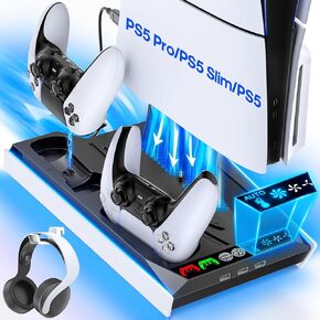 PS5/Slim/Pro Cooling Station with Auto Turbofan & 3-Level Speed, PS5 Stand, Cooling Fan Station with Controller Charger, Charging Station for All PlayStation 3 Console, Cooling Stand Accessories