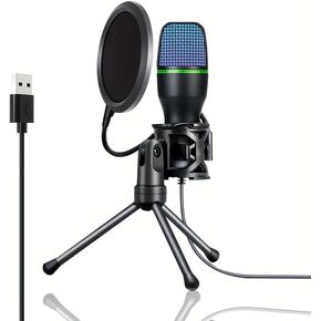 ميكروفون USB RGB مع حامل ثلاثي القوائم ، كتم سريع ، التحكم في الكسب ، للألعاب ، البث ، البودكاست ، التسجيل ، مجموعة ميكروفون القلب للكمبيوتر المحمول/PS4/PS5