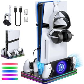 FYOUNG All in One Cooling Stand & Charger Station for PS5/Slim/Pro Console and Controller Charing Dock, Charging Stand for PlayStation Portal, Headset and Remote Holder with RGB Light Stand