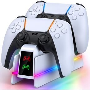 PS5-Controller-Charger-Station - Charging Station for PlayStation 5 Dualsense/Edge Controller with 9 Color RGB Led Light, Fast Charging Dock & Holder Stand for PS5/Slim/Pro Remote - Whole White
