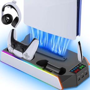 PS5/PS5-Slim-Cooling-Station-with-Controller-Charging-Station for PlayStation 5 Console Disc/Digital, LED RGB Light Cooling Stand with Cooler Fan for PS5 Accessories with 3 USB Hubs/Headset Holder