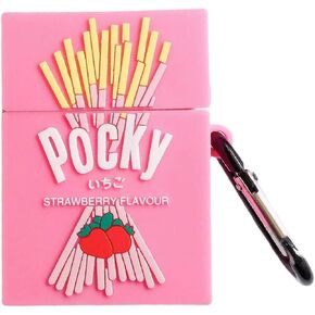 Case for AirPods 1/2, Creative Funny Strawberry Flavor Finger Biscuit Box Shape Case, Stylish Silicone Earphone Protection Skin for AirPods 1/AirPods 2+Hook -Pink