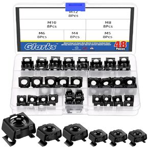 Glarks 84pcs Black Snap-in Cage Nut, M4 M5 M6 M8 M10 M12 Carbon Steel Captive Cage Nut, Rack Mount Screw Cage Nut, Server Rack Screw, Rack Mount Cage Nut for Rack Mount Server Cabinet, Server Shelves